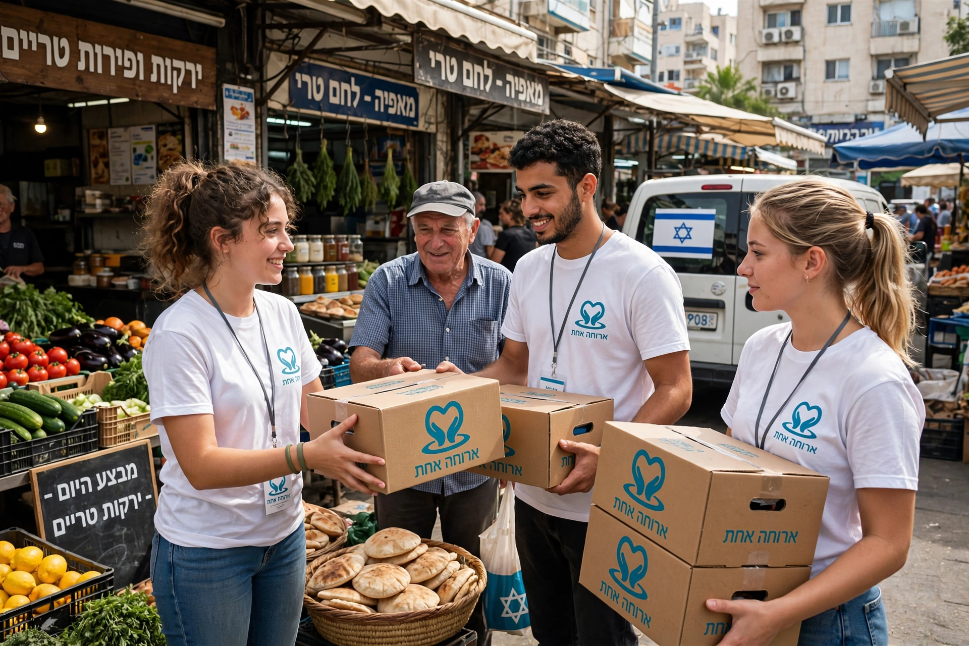 מתנדבים מוסרים קופסת מזון לאיש מבוגר בשוק בישראל