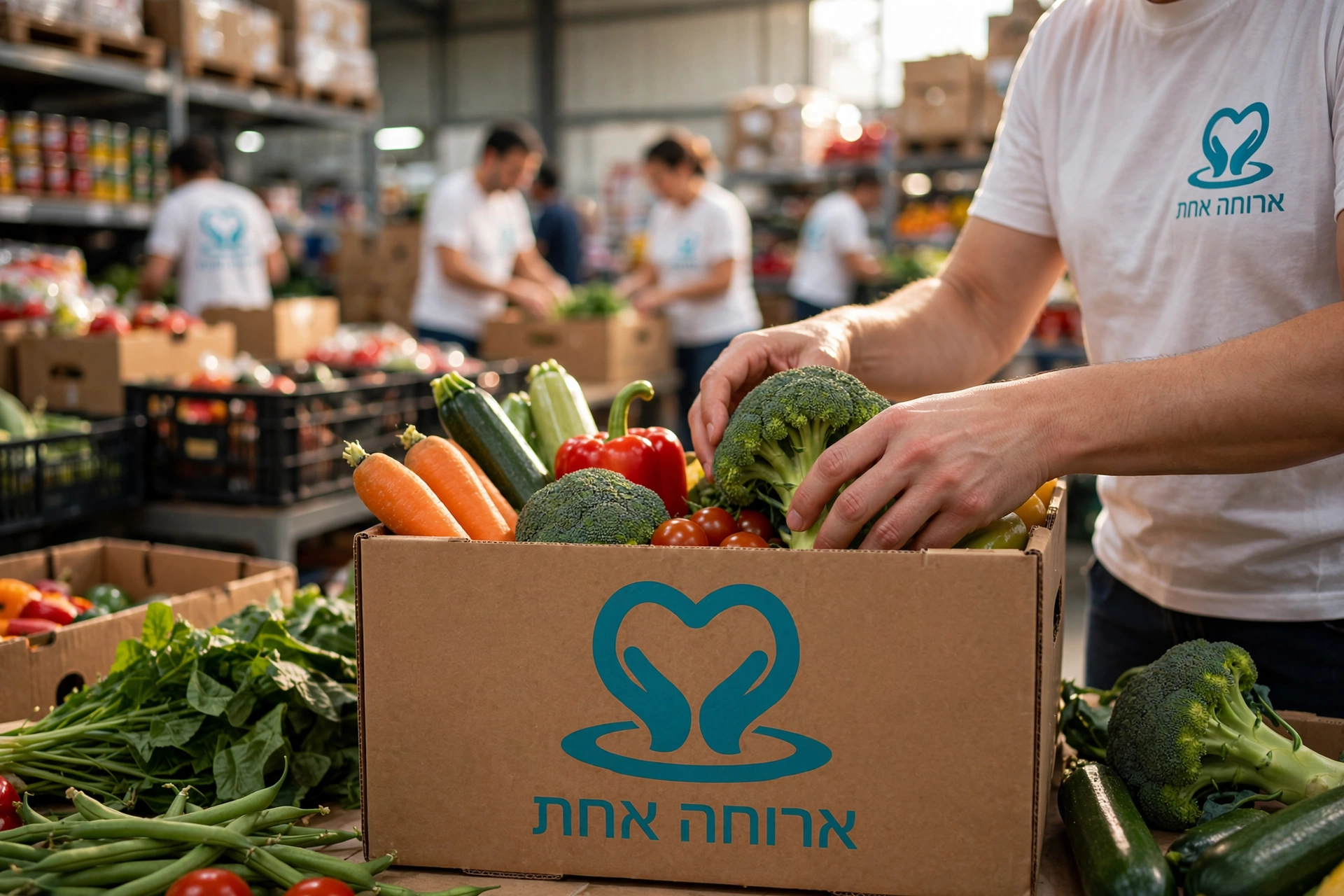 מתנדב אורז ירקות טריים בקופסת מזון